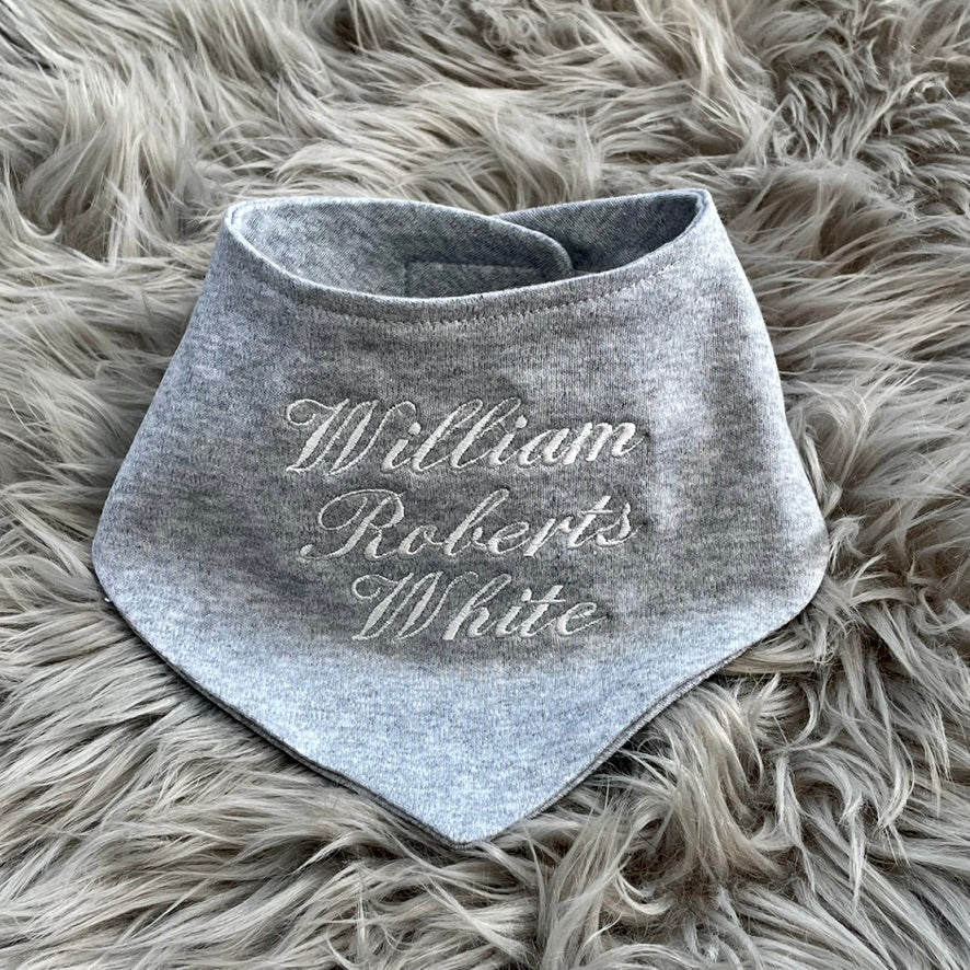 Grey Embroidered Bandana Style Baby Bib