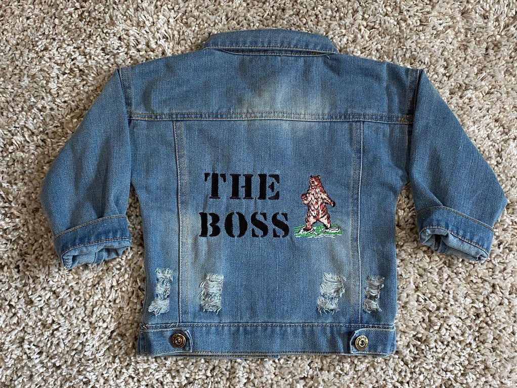 Personalised The Boss Embroidered Bear Denim Jacket