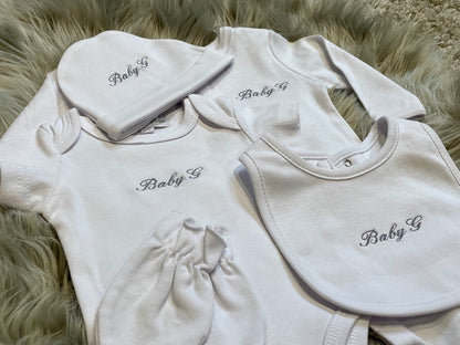 White Embroidered Newborn Five Piece Gift Set