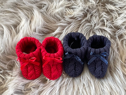 Red Knitted Newborn Baby Booties with Bow