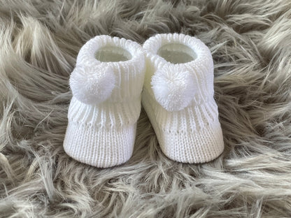 White Knitted Pom Pom Newborn Baby Booties