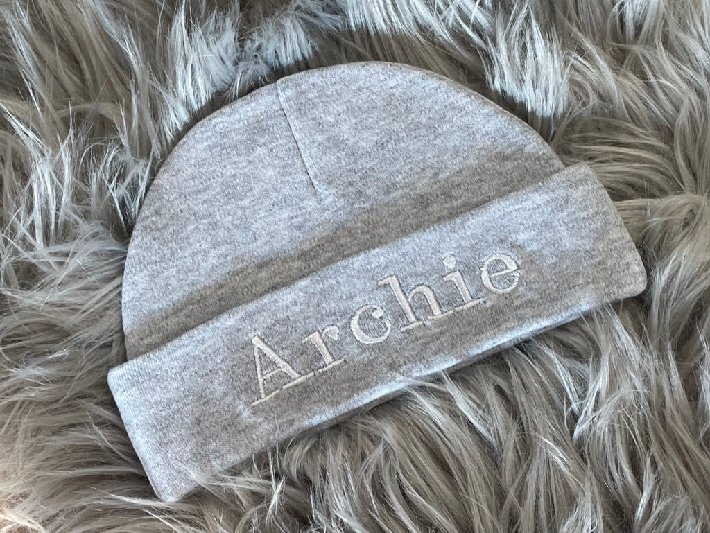 Personalised Embroidered Grey Newborn Baby Hat