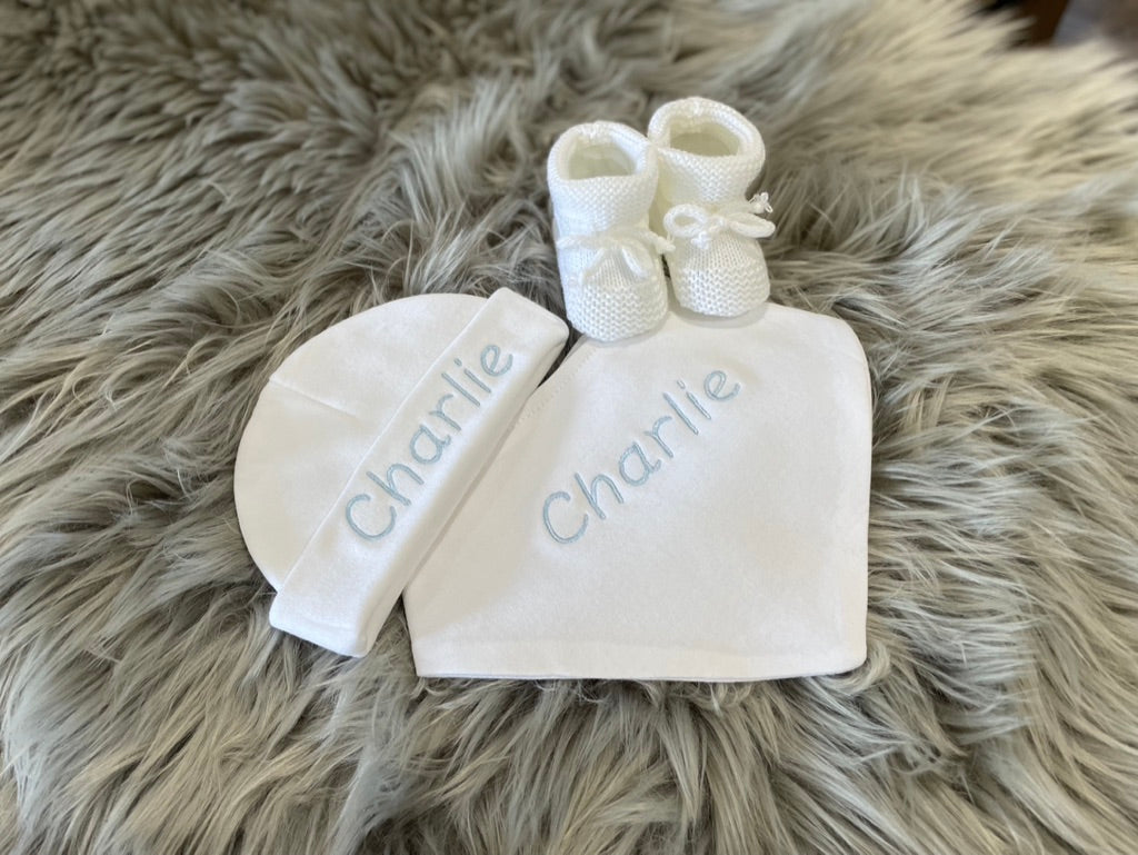 White Embroidered Newborn 3 Piece Gift Set