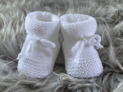 White Knitted Tie Up Newborn Baby Booties