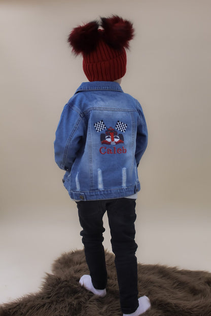 red race car embroidered denim jacket