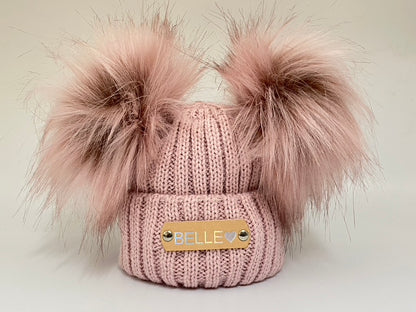 Hand Stamped Rose Gold Knitted Double Pom-Pom Baby Hat