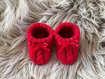 Red Knitted Newborn Baby Booties with Bow