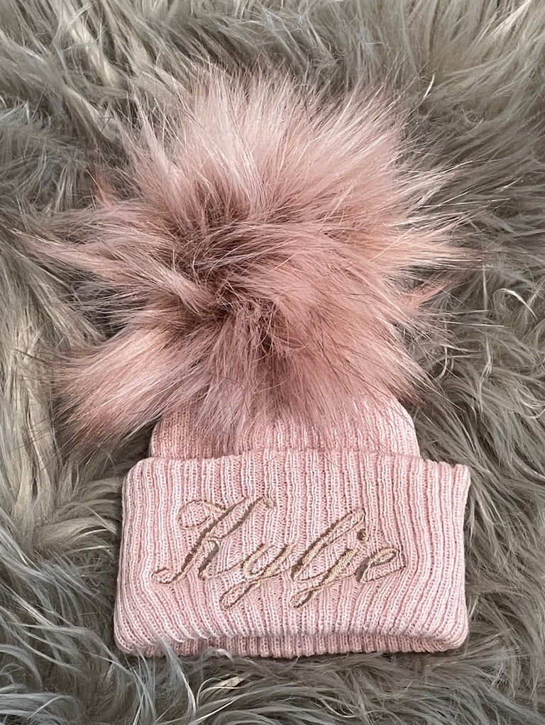 Rose Gold Knitted Single Pom-Pom Baby Hat