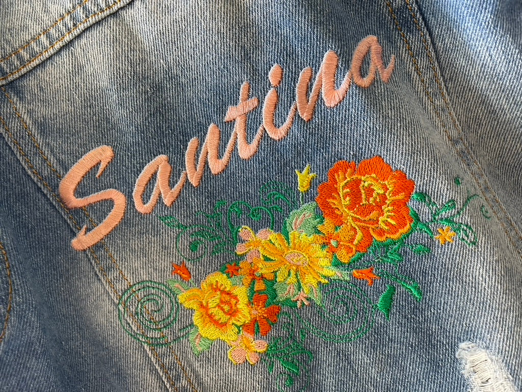 Personalised Yellow & Orange Embroidered Floral Denim Jacket