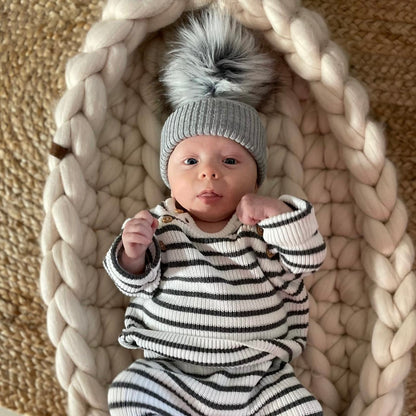 Grey Knitted Single Pom-Pom Baby Hat