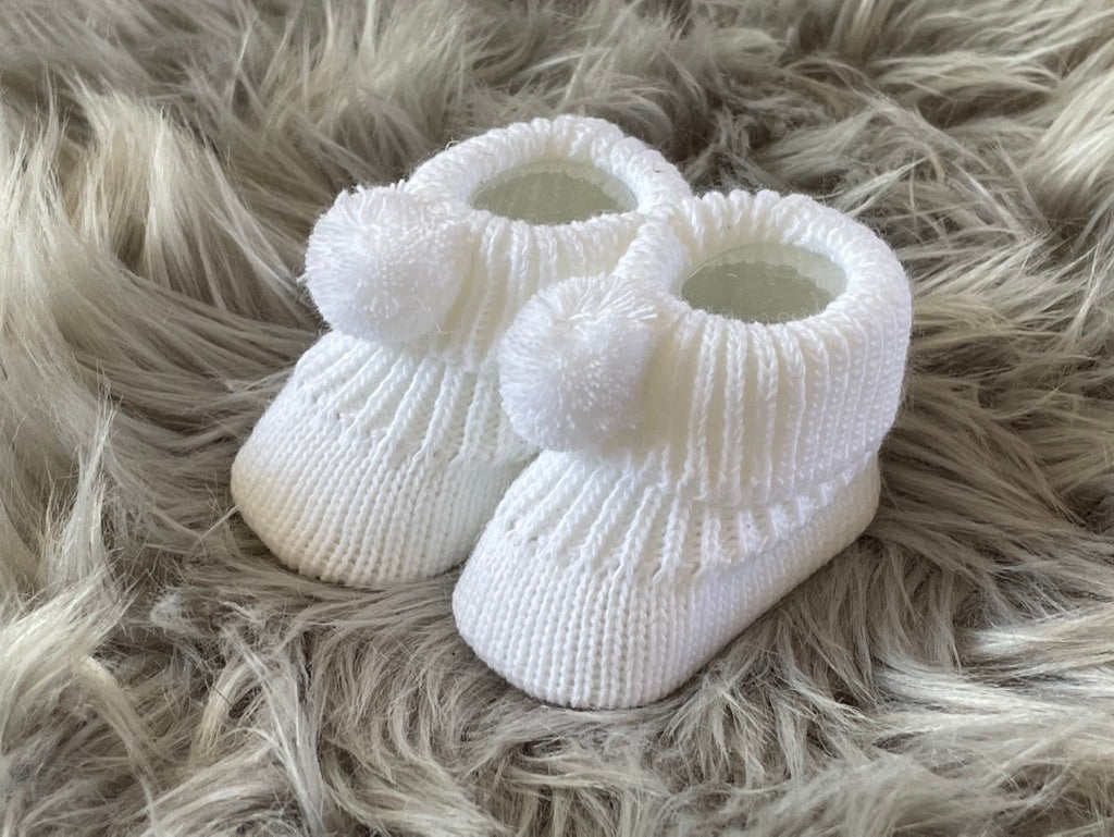 White Knitted Pom Pom Newborn Baby Booties