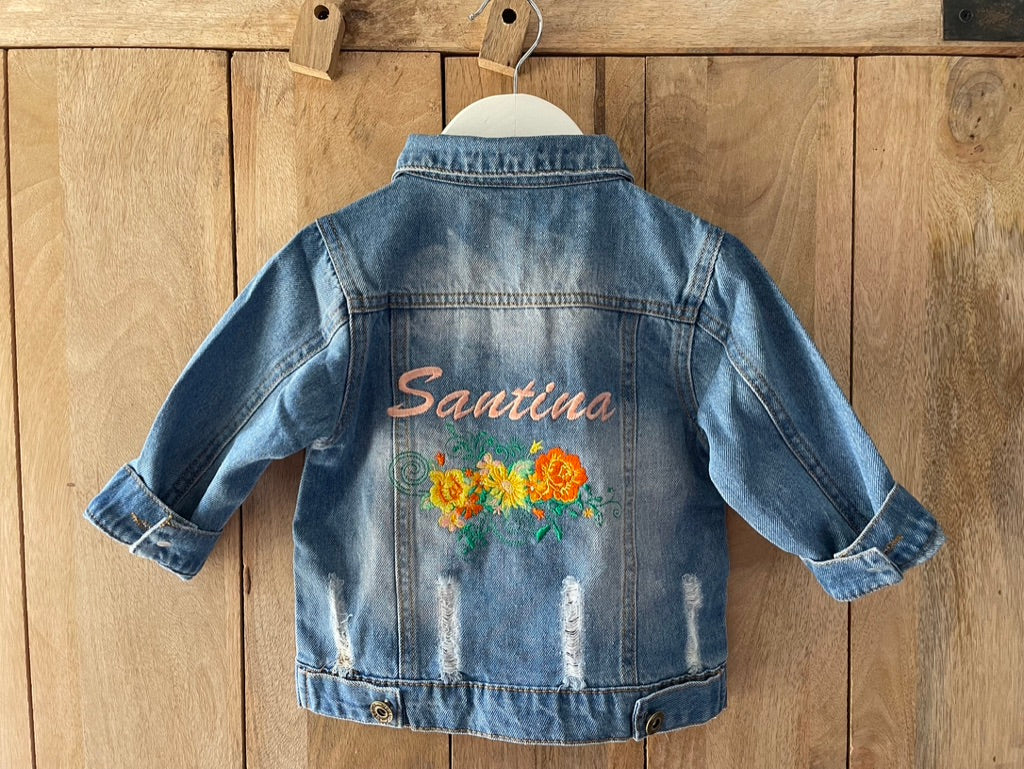 Personalised Yellow & Orange Embroidered Floral Denim Jacket