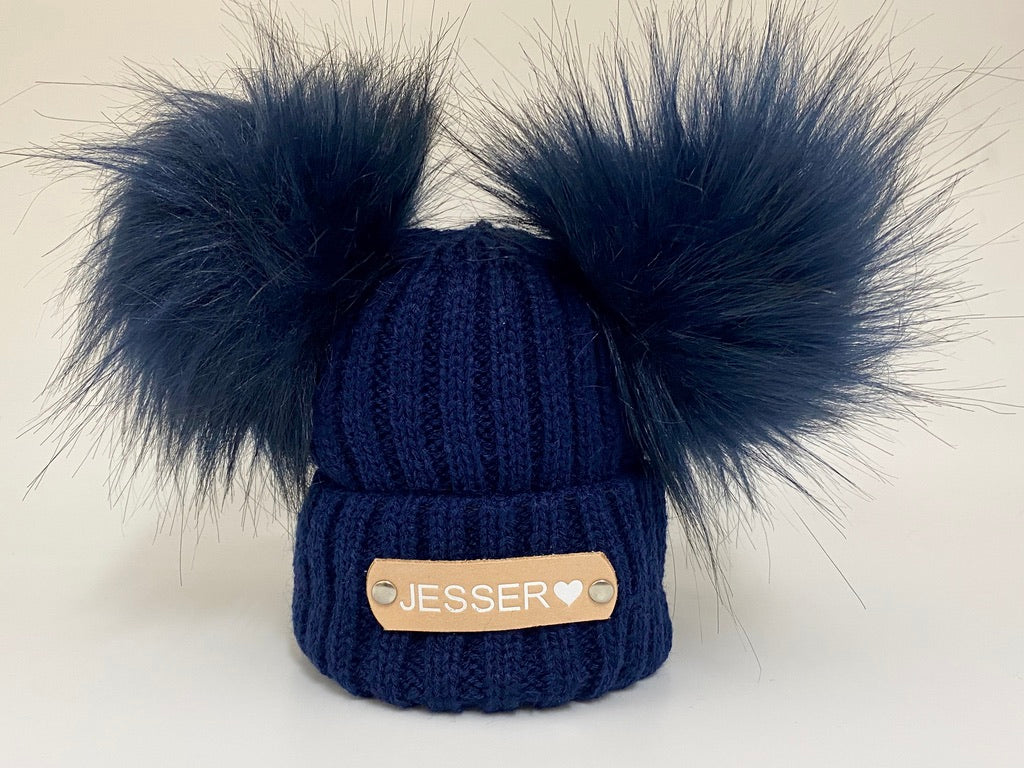 Hand Stamped Navy Blue Knitted Double Pom-Pom Baby Hat