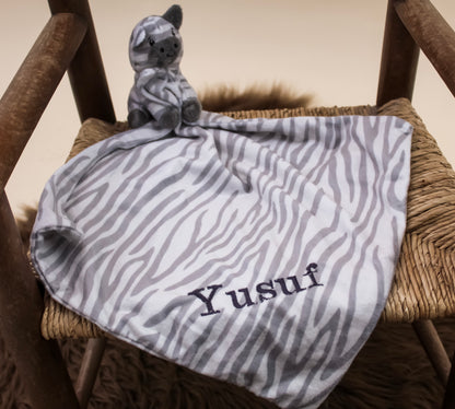 grey & white embroidered zebra baby comforter