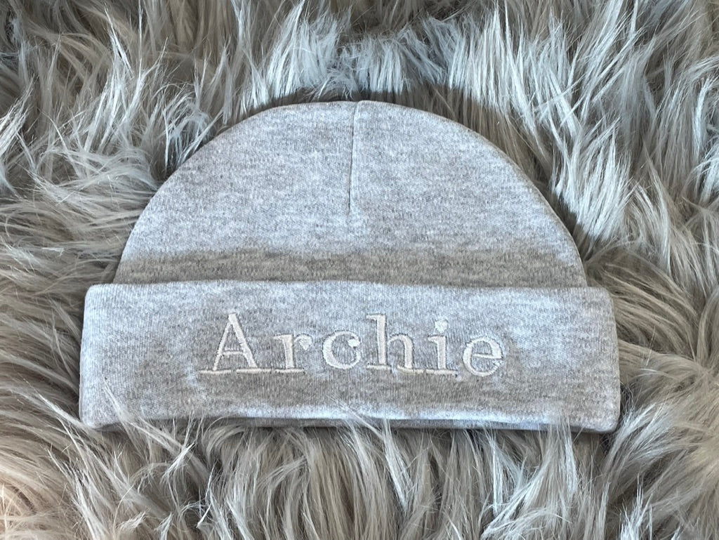 Personalised Embroidered Grey Newborn Baby Hat