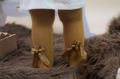 satin bow childrens mustard tights