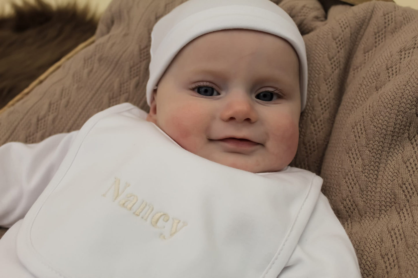 Embroidered White square baby bib