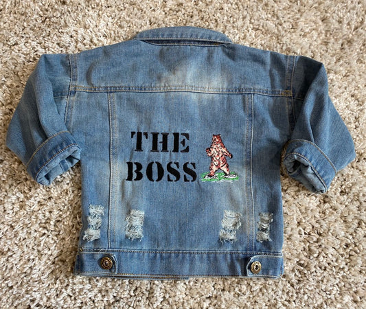 Personalised The Boss Embroidered Bear Denim Jacket