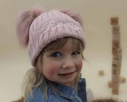 Rose Gold Knitted winter baby double pom pom hat