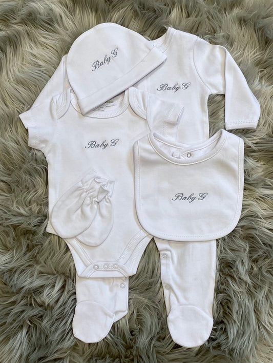 White Embroidered Newborn Five Piece Gift Set