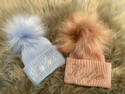 Rose Gold Knitted Single Pom-Pom Baby Hat