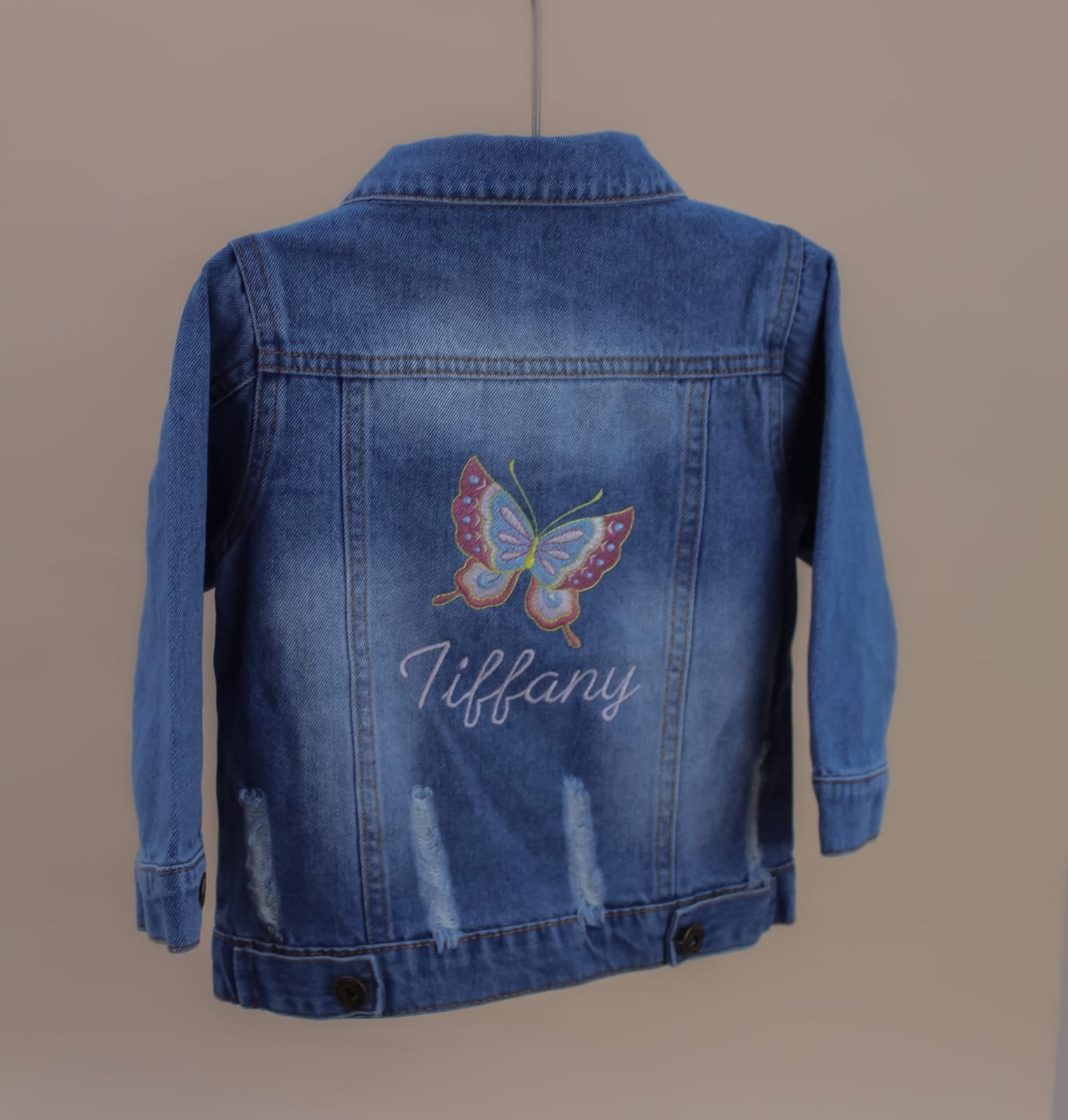 embroidered toddler denim jacket with butterfly and personalised name