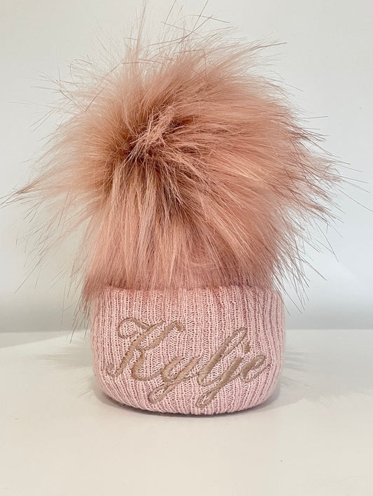 Rose Gold Knitted Single Pom-Pom Baby Hat