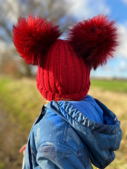 Hand Stamped Red Knitted Double Pom-Pom Baby Hat