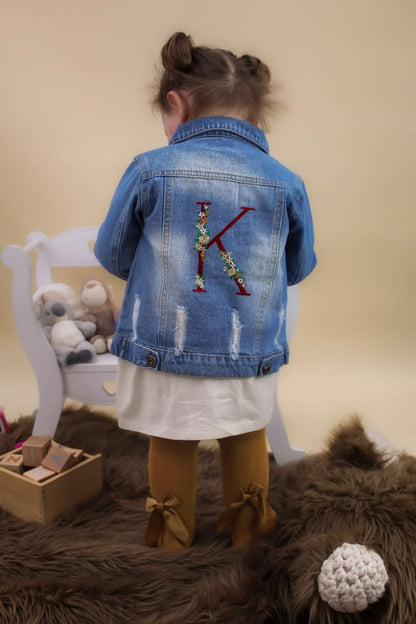 embroidered toddler denim jacket wit mustard yellow bow tights