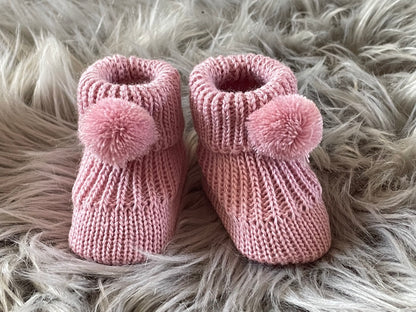 Rose Gold Knitted Pom Pom Newborn Baby Booties