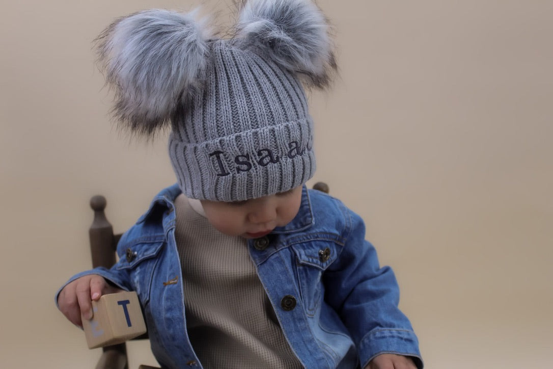 Embroidered Grey Knitted Double Pom-Pom Baby Hat