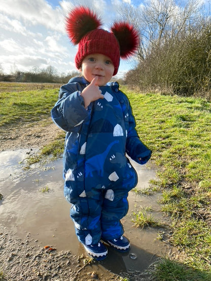 Hand Stamped Red Knitted Double Pom-Pom Baby Hat