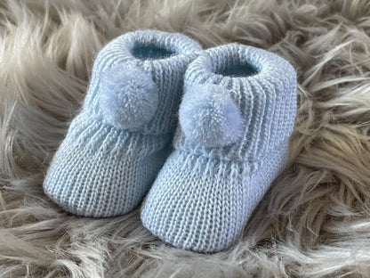 Baby Blue Knitted Pom Pom Newborn Baby Booties