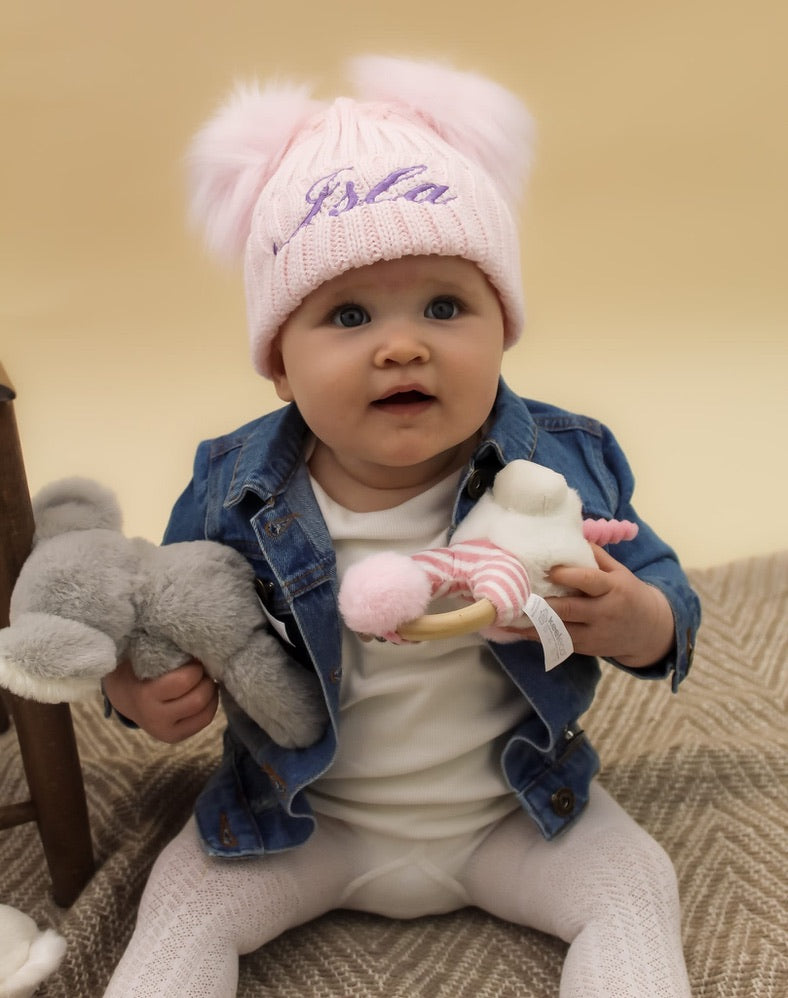 Embroidered Baby Pink Knitted Double Pom-Pom Baby Hat