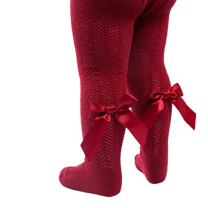 Wine Red Christmas jacquard baby tights with bow