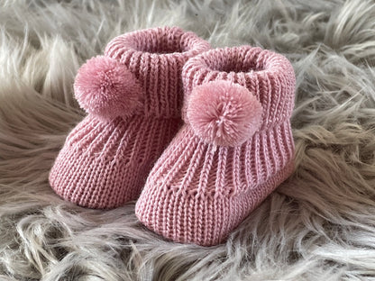 Rose Gold Knitted Pom Pom Newborn Baby Booties