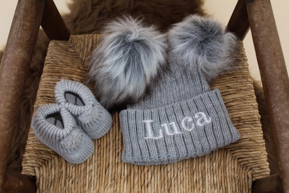 Embroidered Grey Knitted Double Pom-Pom Baby Hat