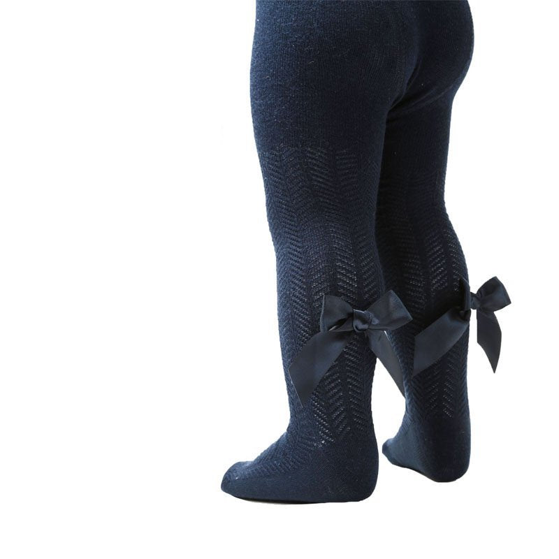 Navy Blue knitted baby tights with bow