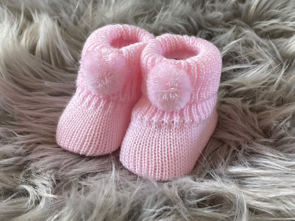 Baby Pink Knitted Pom Pom Newborn Baby Booties