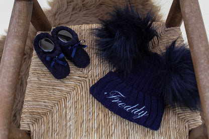 Embroidered Navy Blue Knitted Double Pom-Pom Baby Hat