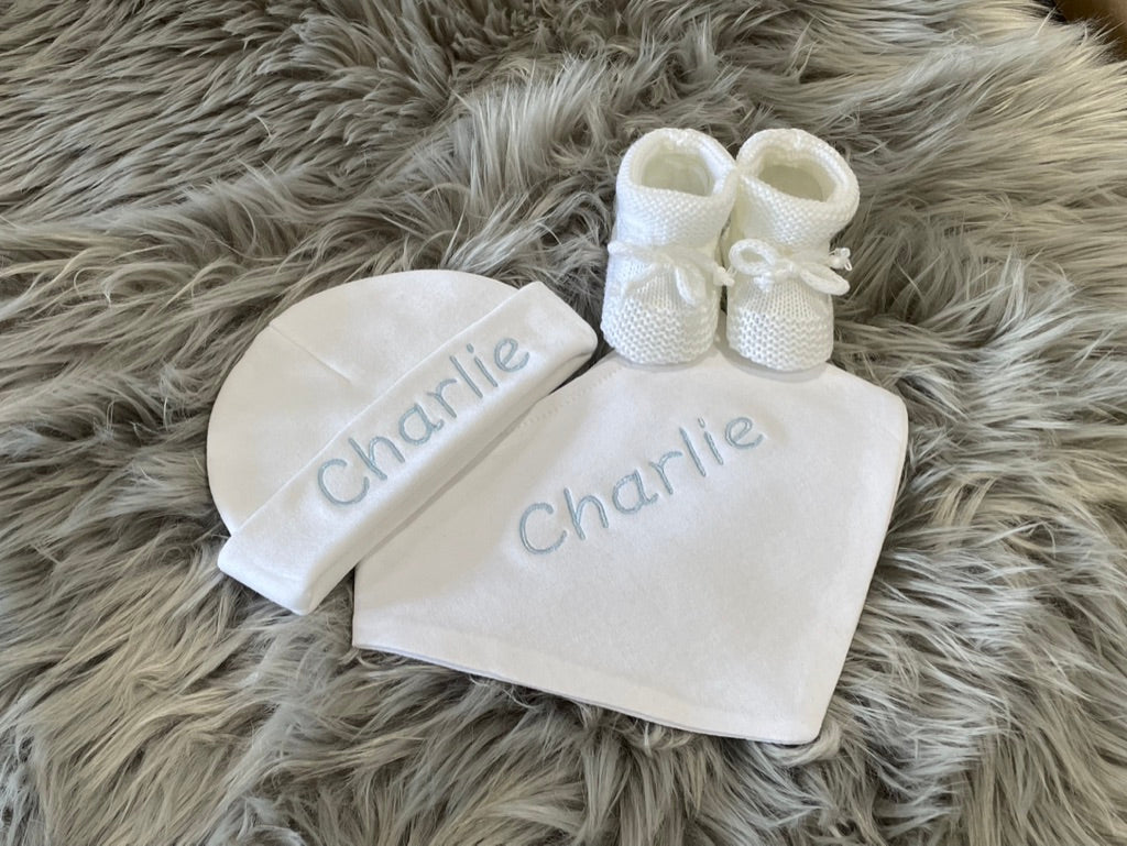 White Embroidered Newborn 3 Piece Gift Set