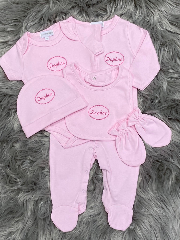 Pink Embroidered Newborn Five Piece Gift Set