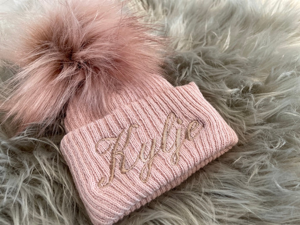 Rose Gold Knitted Single Pom-Pom Baby Hat