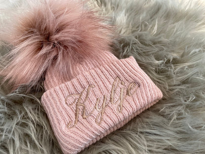 Rose Gold Knitted Single Pom-Pom Baby Hat