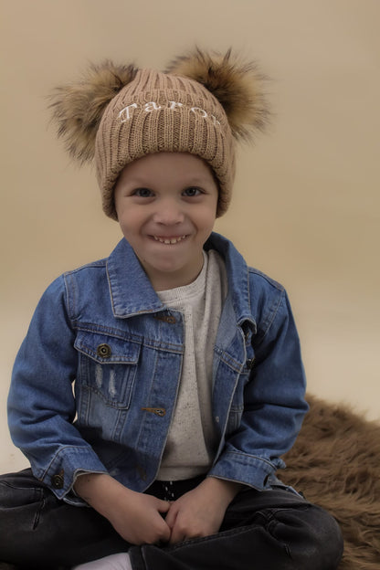 Embroidered brown pom pom winter hat