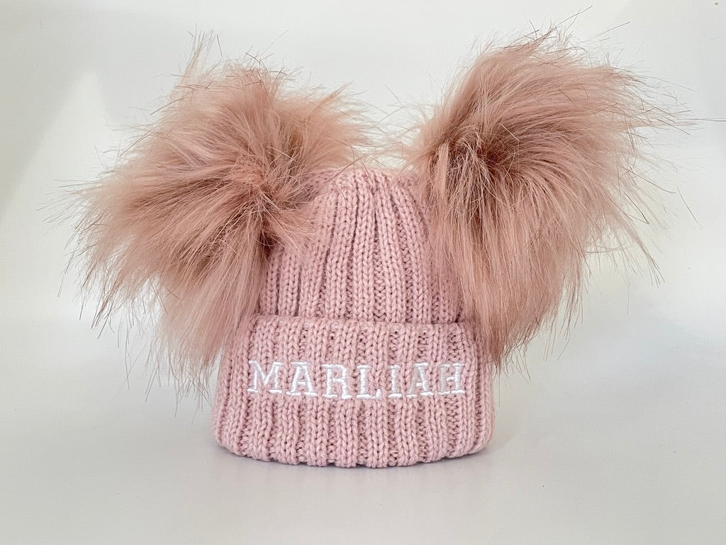 Rose Gold Knitted Double Pom-Pom Baby Hat