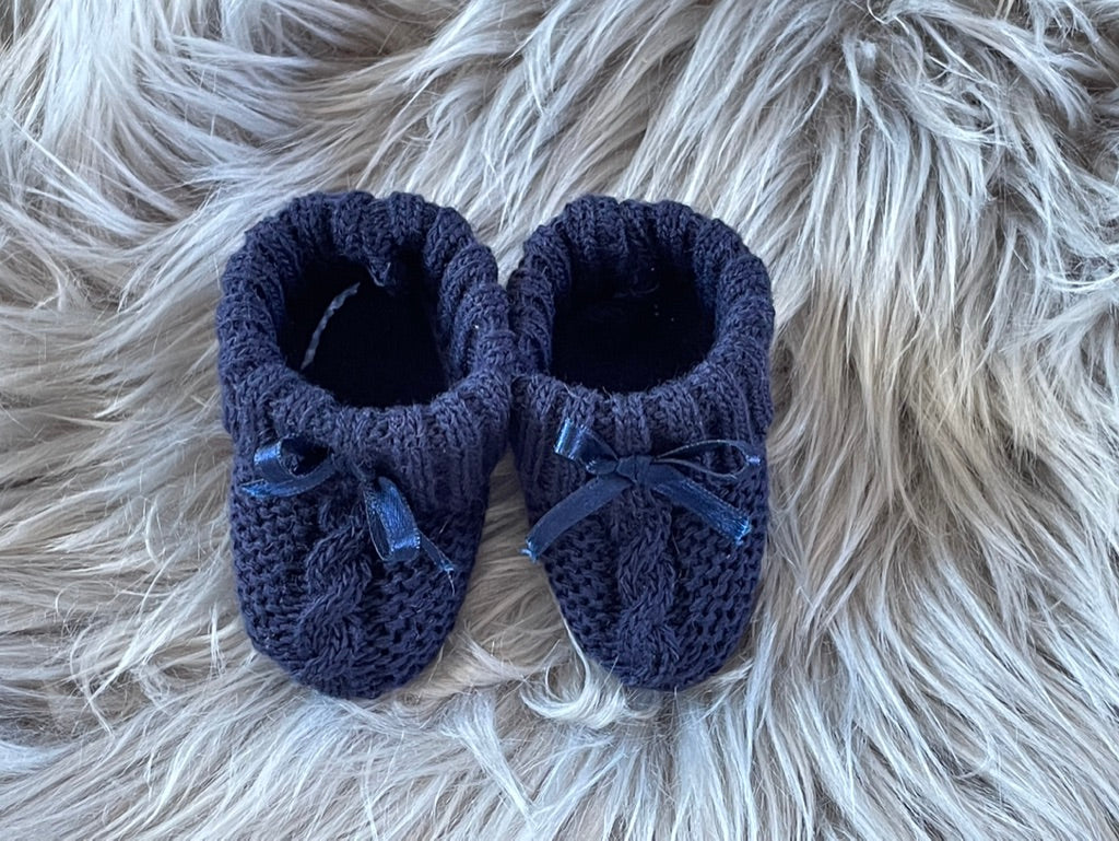 Navy Blue Knitted Newborn Baby Booties with Bow