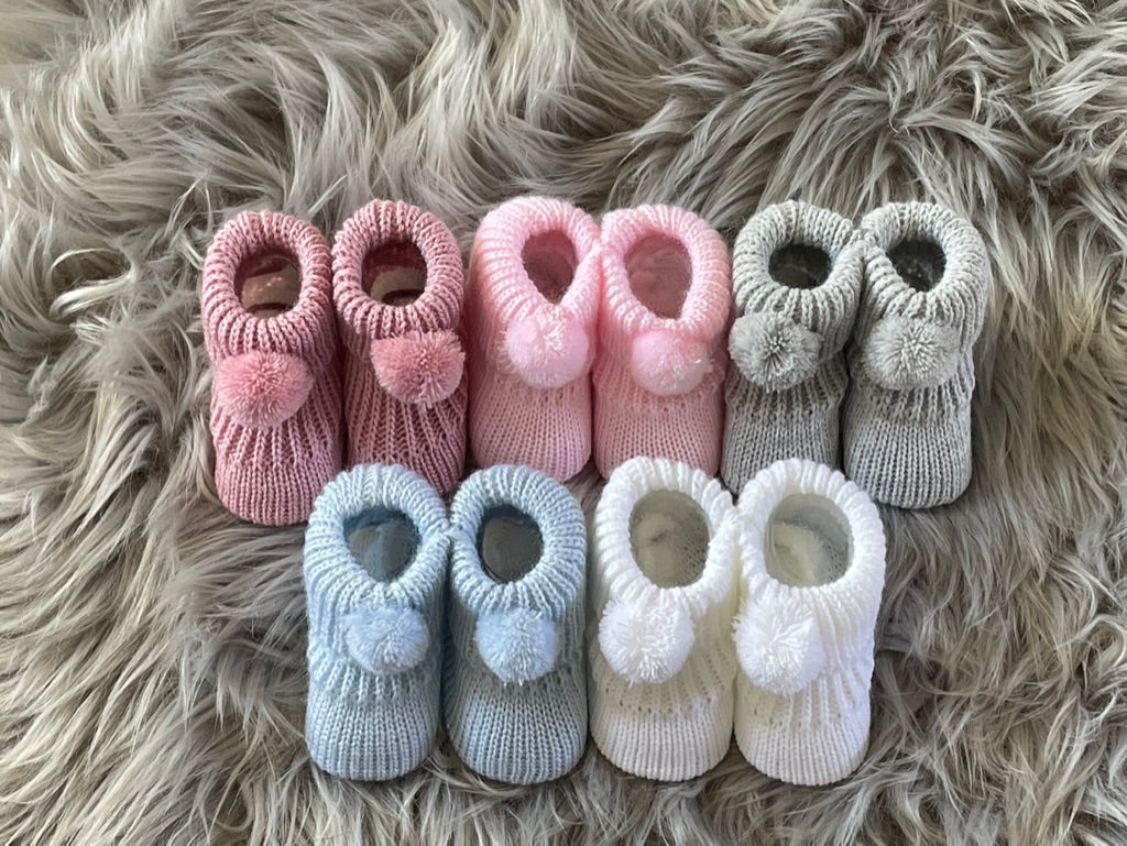 White Knitted Pom Pom Newborn Baby Booties