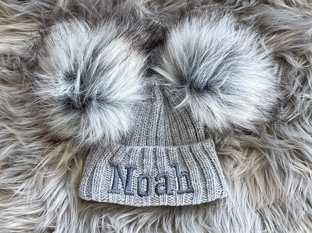 Embroidered Grey Knitted Double Pom-Pom Baby Hat