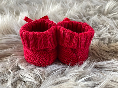 Red Knitted Newborn Baby Booties with Bow